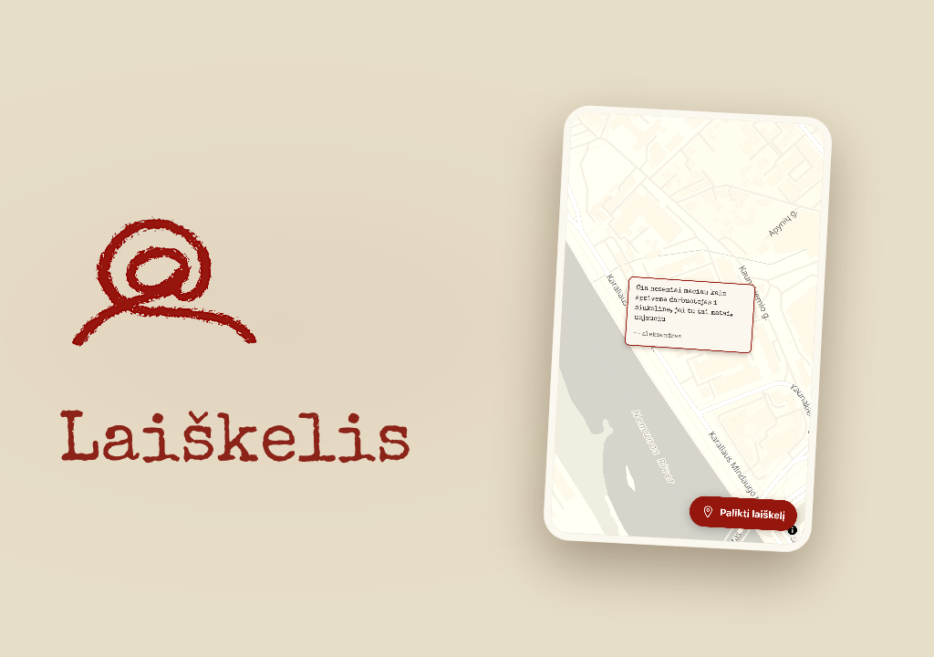 „Laiškelis“ — kreidele pieštas logotipas ir telefonas su laiškeliu, prisegtu prie vietos žemėlapyje