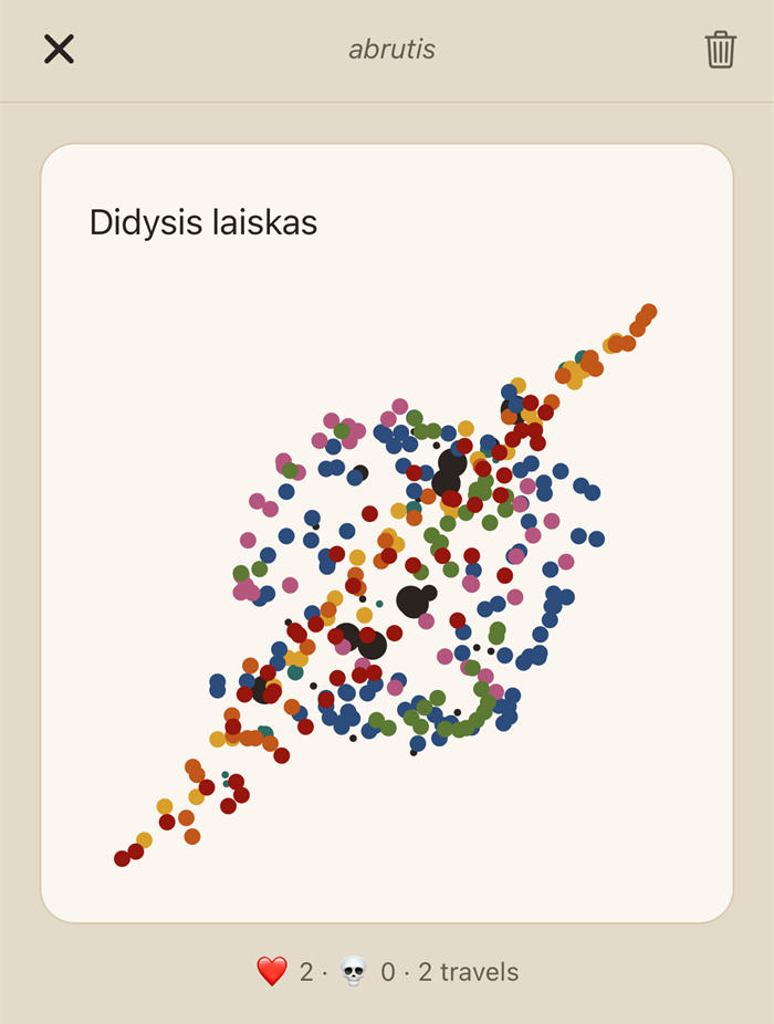 A letter called „Didysis laiskas“ by abrutis — a dense scribble of coloured crayon dots
